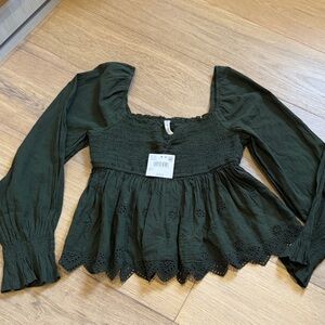 American Eagle Outfitters Dark Green Smocked Top